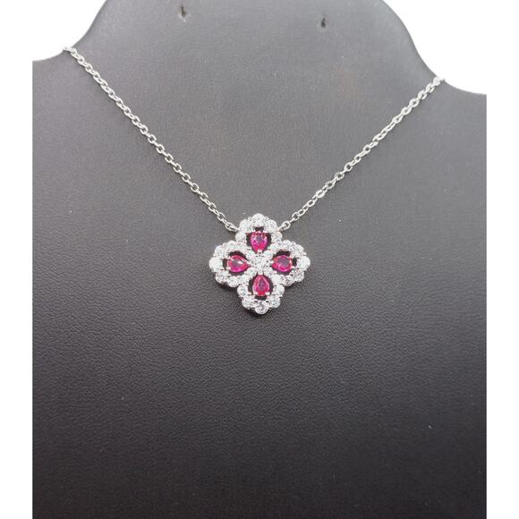 Flower Silver Necklace Simulated Ruby CZ Pendant 16"+2" Extender - Picture 1 of 3